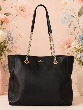 kate spade Black Leather Tote with Gold Chain Handles